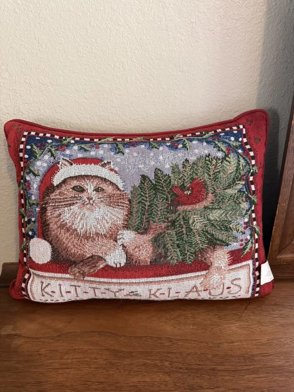Kitty Klaus Tapestry Christmas Throw Pillow Cat & Cardinal 13